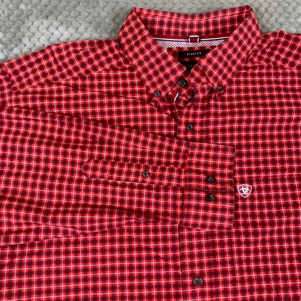 Ariat Pro Series Mens Red Plaid Stretch Long Sleeve Western Shirt Large 10028907
